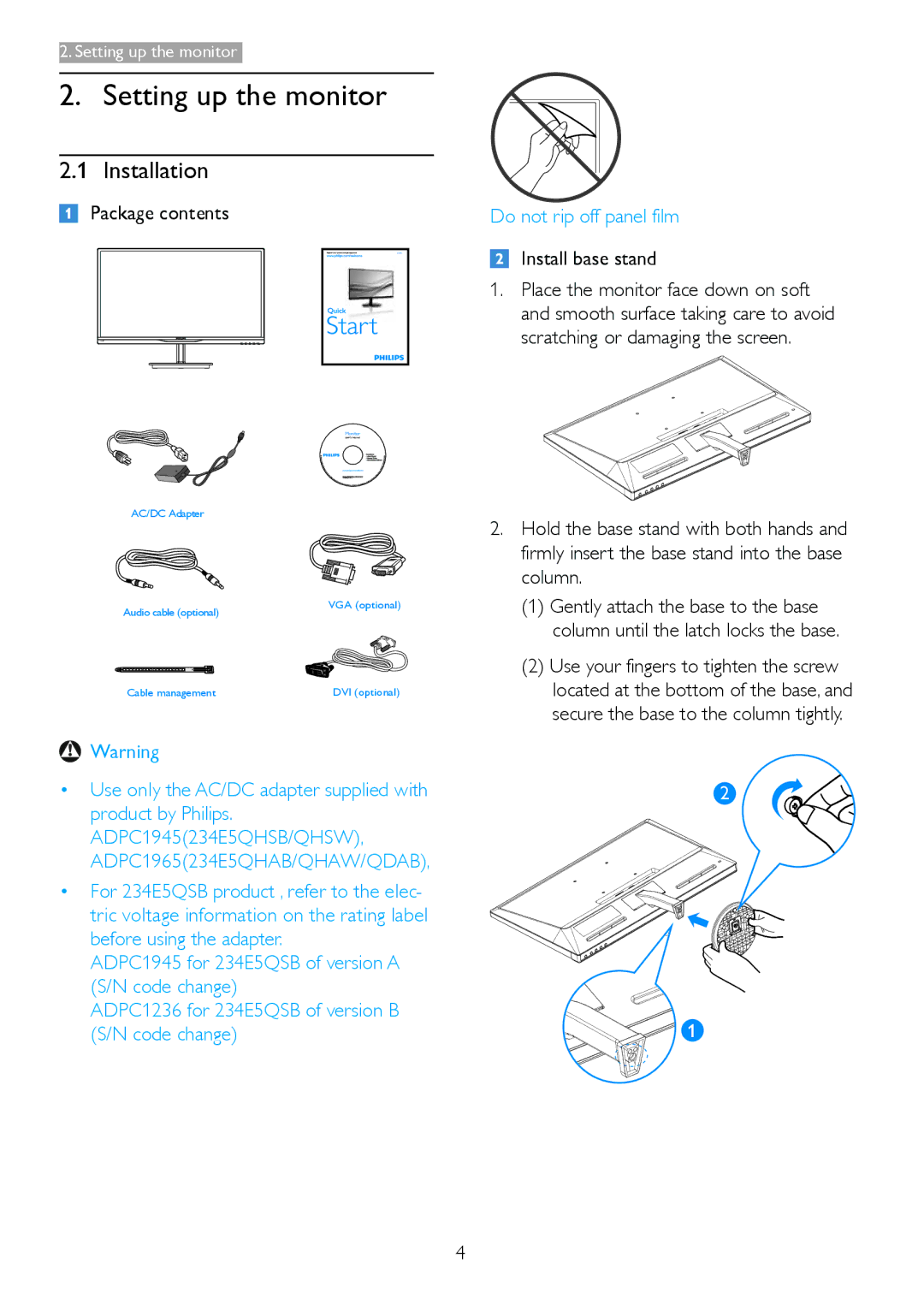 Philips 2.34E+07 user manual Setting up the monitor, Installation, Package contents, Install base stand 