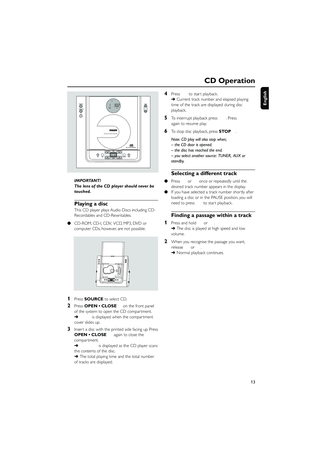 Philips 235B quick start CD Operation, Playing a disc, Selecting a different track, Finding a passage within a track 