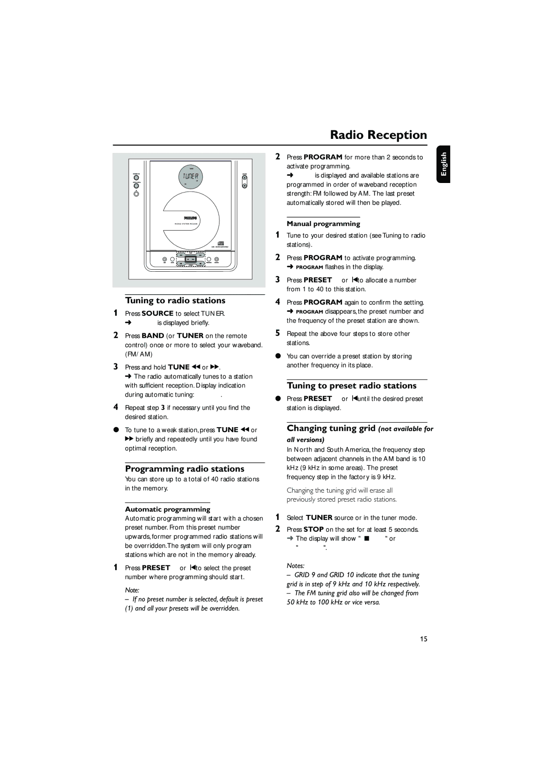 Philips 235B Radio Reception, Tuning to radio stations, Programming radio stations, Tuning to preset radio stations 