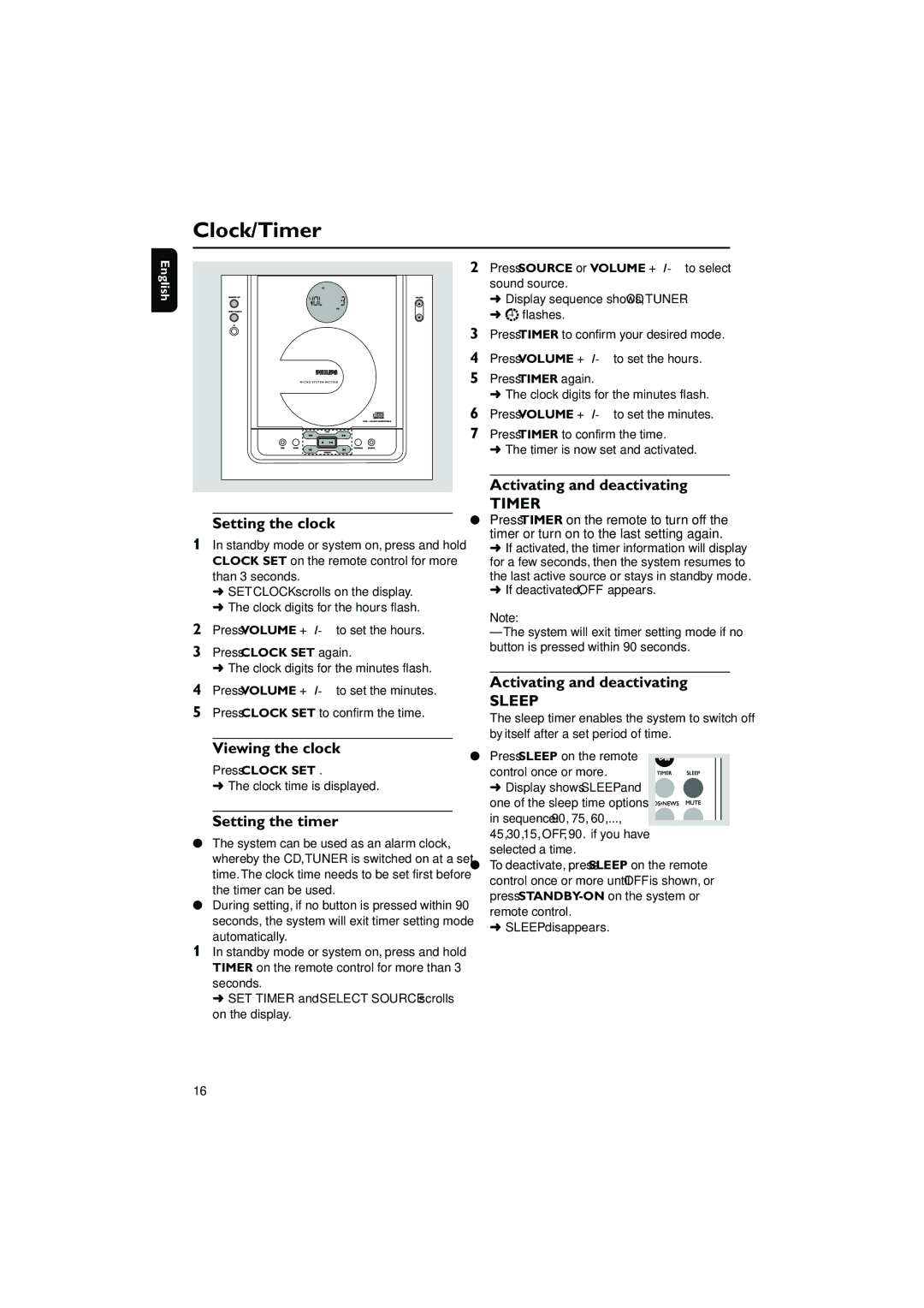 Philips 235B Activating and deactivating, Setting the clock, Viewing the clock, Setting the timer, Press Clock SET 