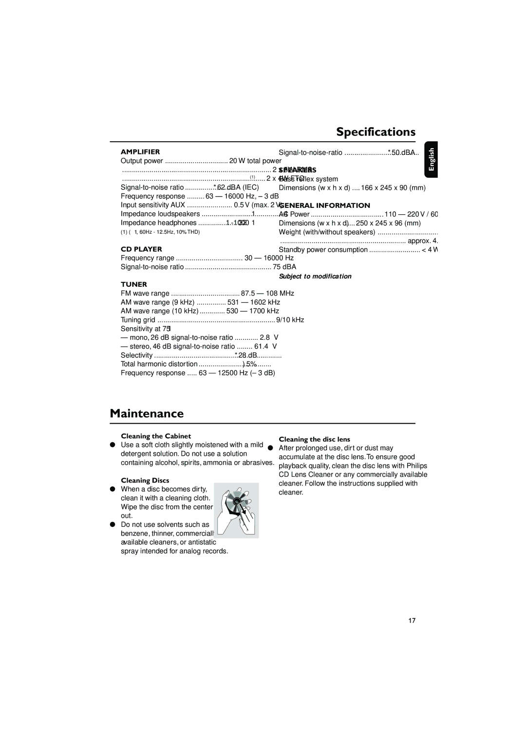 Philips 235B quick start Specifications, Maintenance, Cleaning the Cabinet, Cleaning Discs, Cleaning the disc lens 