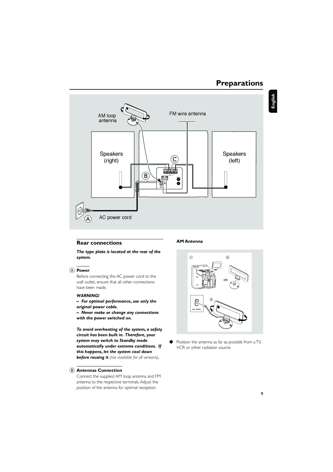 Philips 235B quick start Preparations, Rear connections, Power, AM Antenna, Antennas Connection 