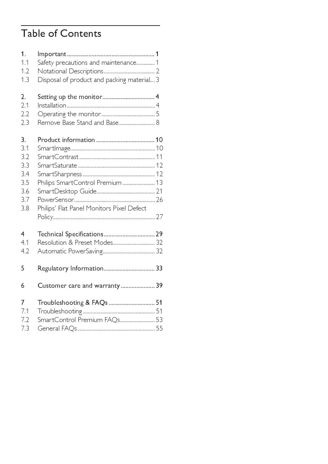 Philips 235BL2, 235B2 user manual Table of Contents 