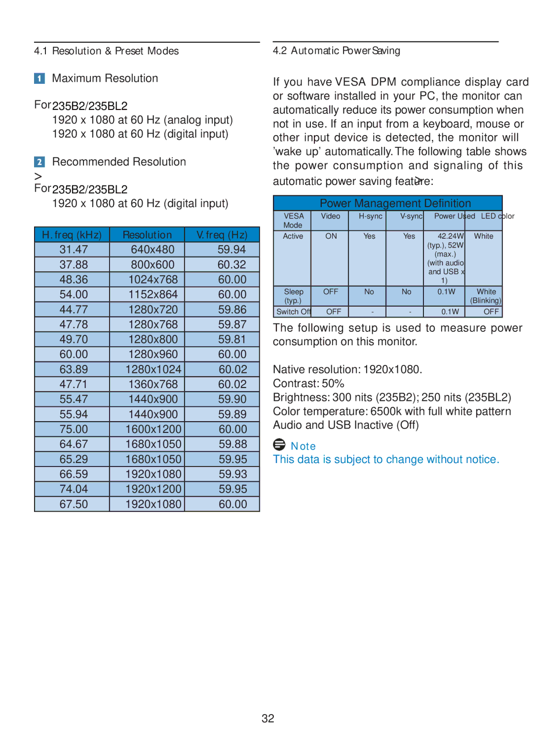 Philips user manual Resolution & Preset Modes Maximum Resolution, For 235B2/235BL2, Automatic PowerSaving 