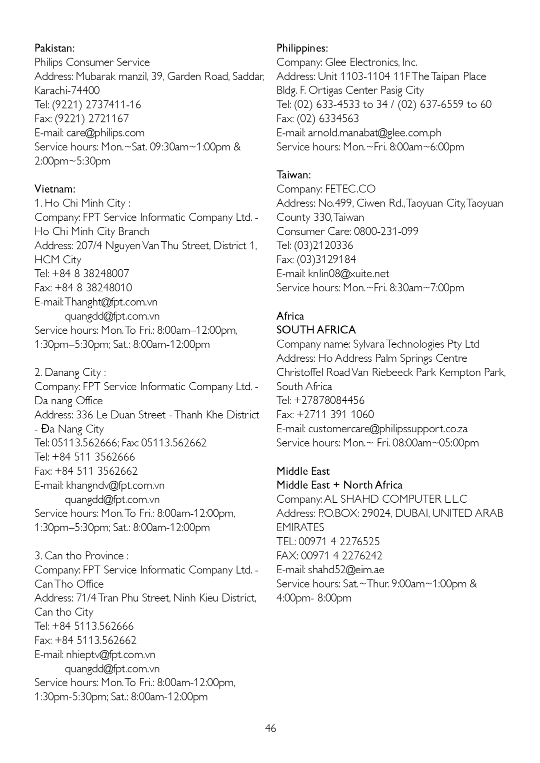 Philips 235BL2, 235B2 user manual South Africa 