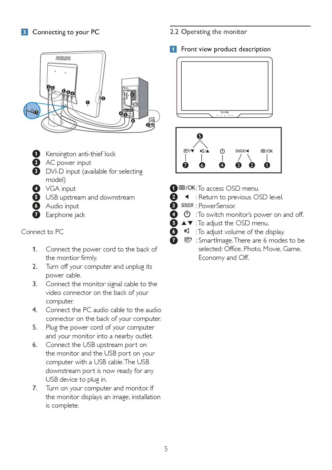 Philips 235B2, 235BL2 user manual Connecting to your PC 