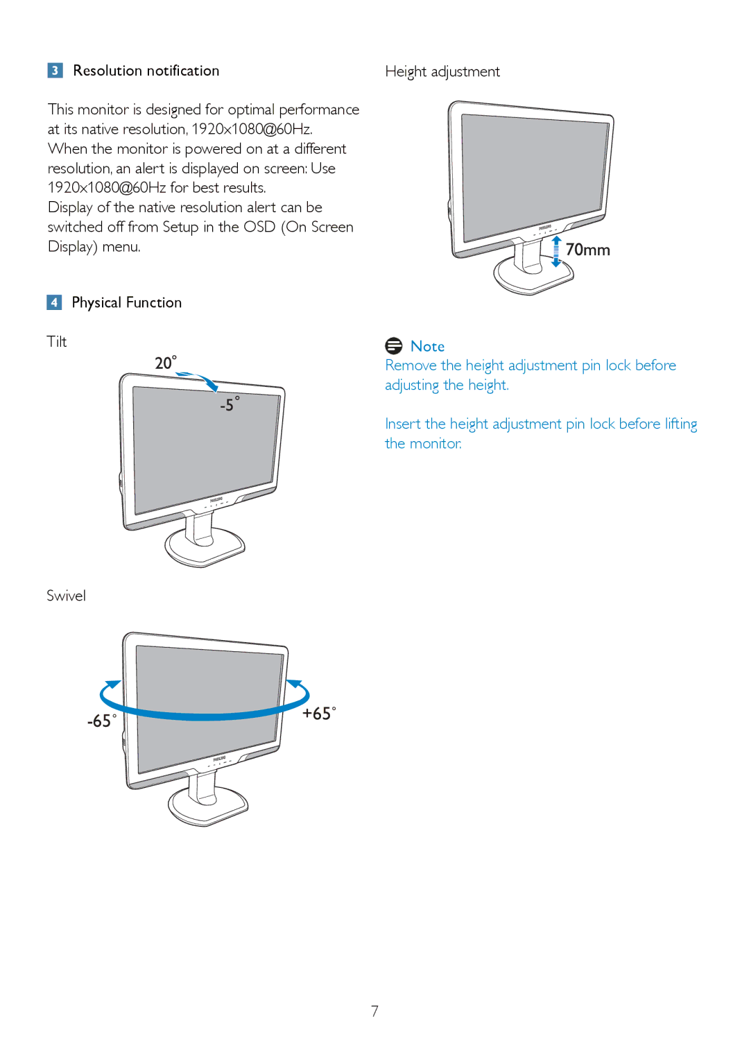 Philips 235B2, 235BL2 user manual 65˚, Resolution notification 