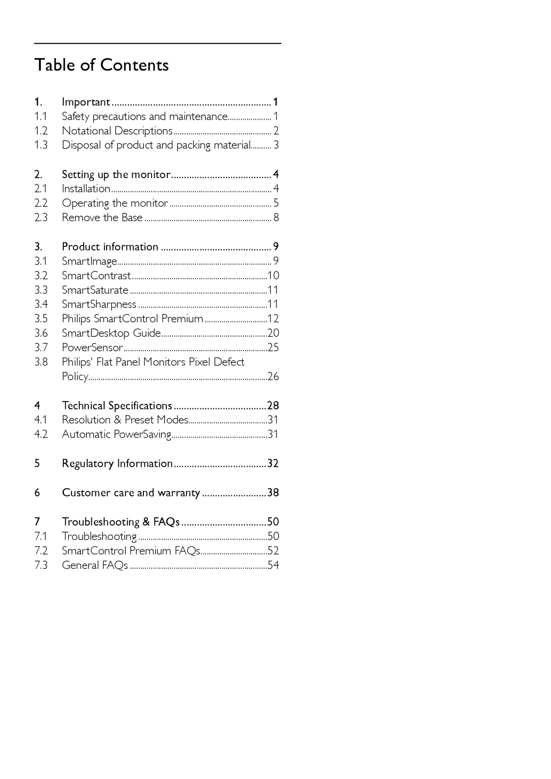 Philips 235PL2, 235P2 user manual Table of Contents 