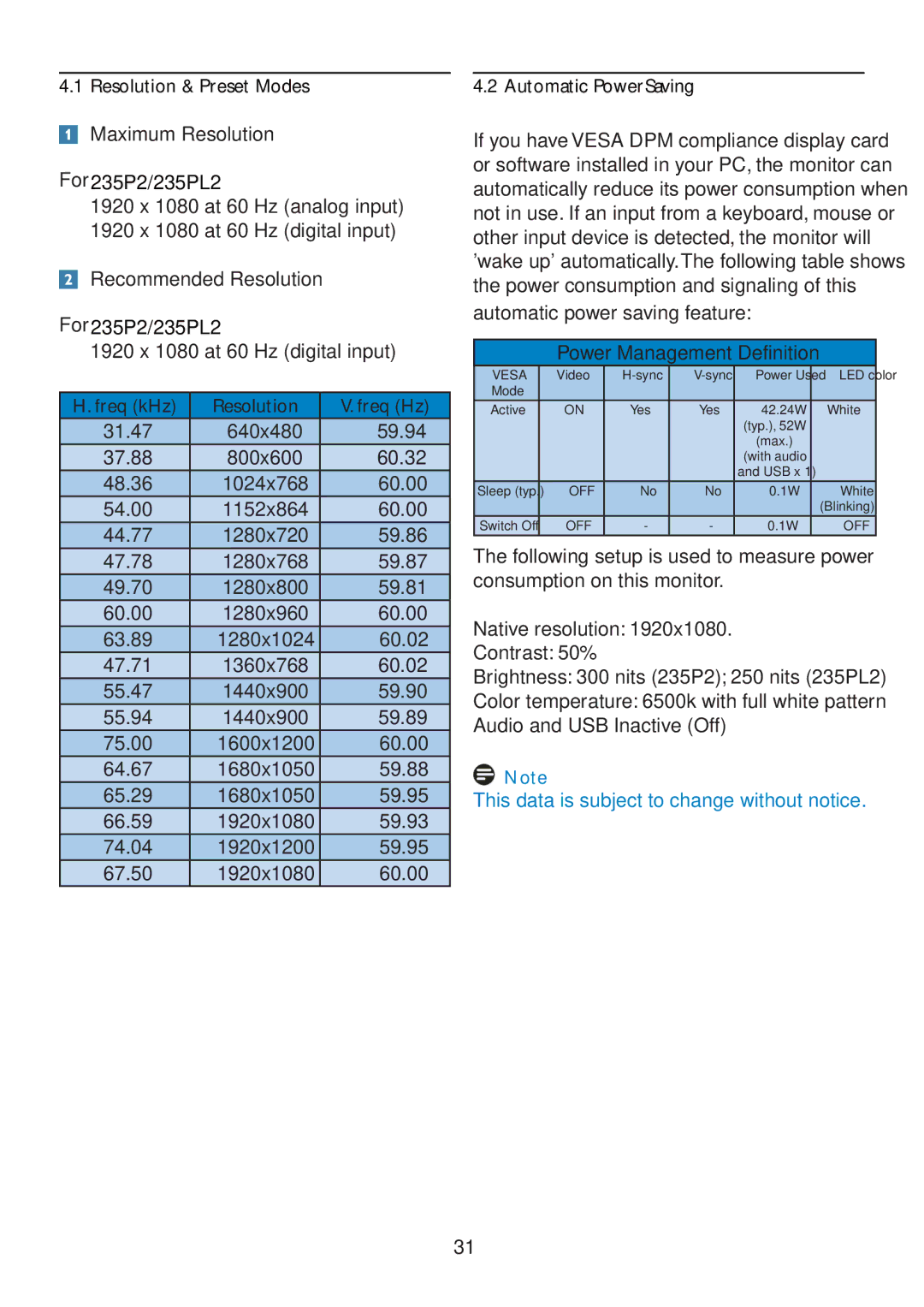 Philips user manual Resolution & Preset Modes, Maximum Resolution, For 235P2/235PL2, Automatic PowerSaving 