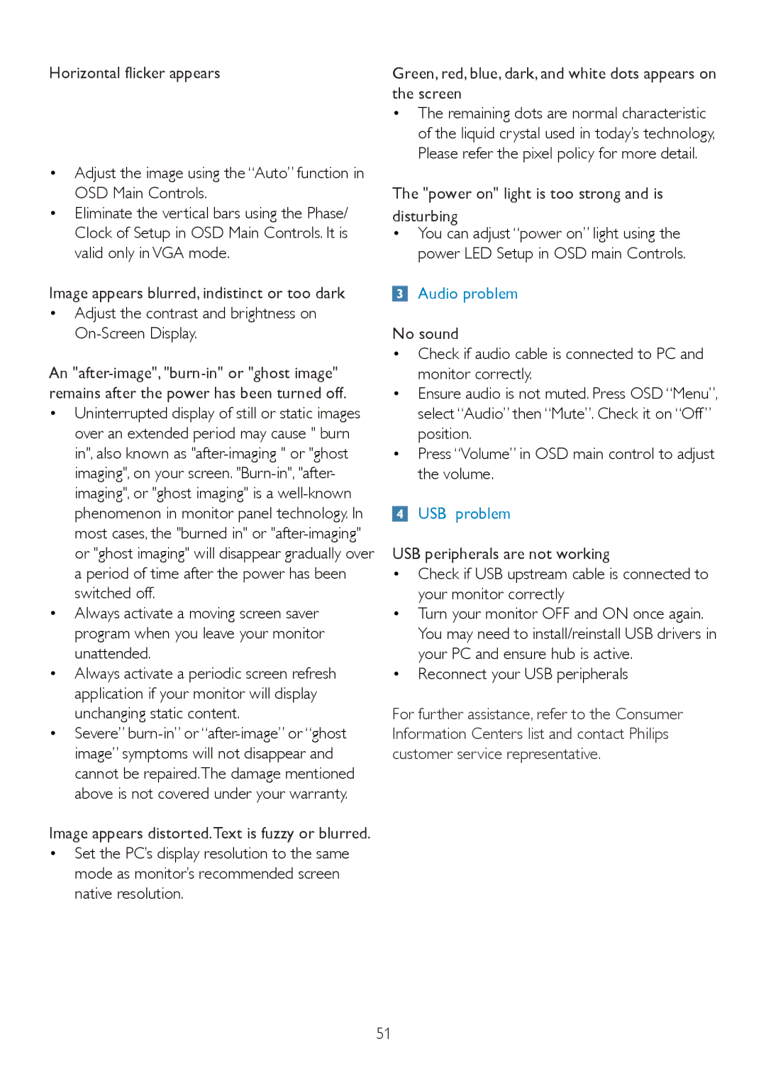 Philips 235P2, 235PL2 user manual Horizontal flicker appears, Image appears blurred, indistinct or too dark, No sound 