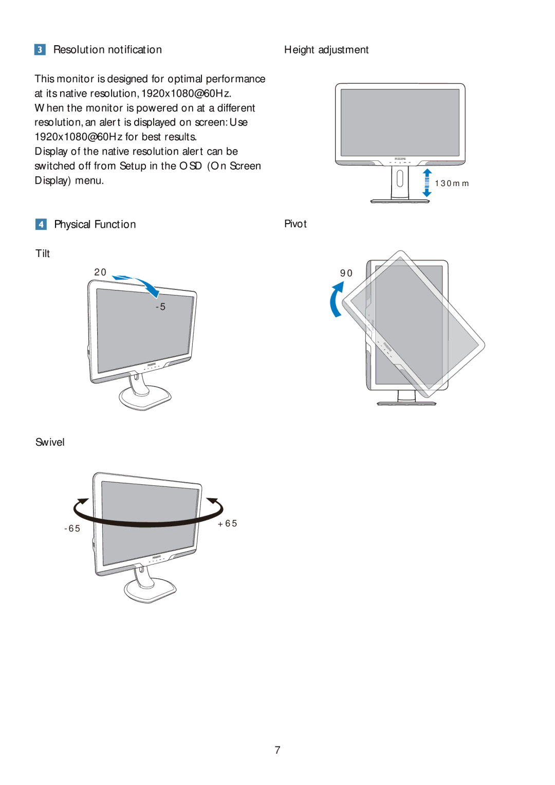 Philips 235P2, 235PL2 Resolution notification Height adjustment, Display menu, Physical Function Pivot Tilt, Swivel 