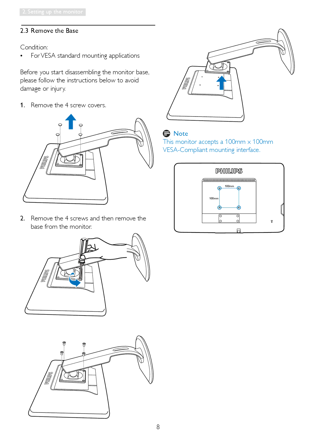 Philips 235PQ2 user manual Remove the 4 screw covers 