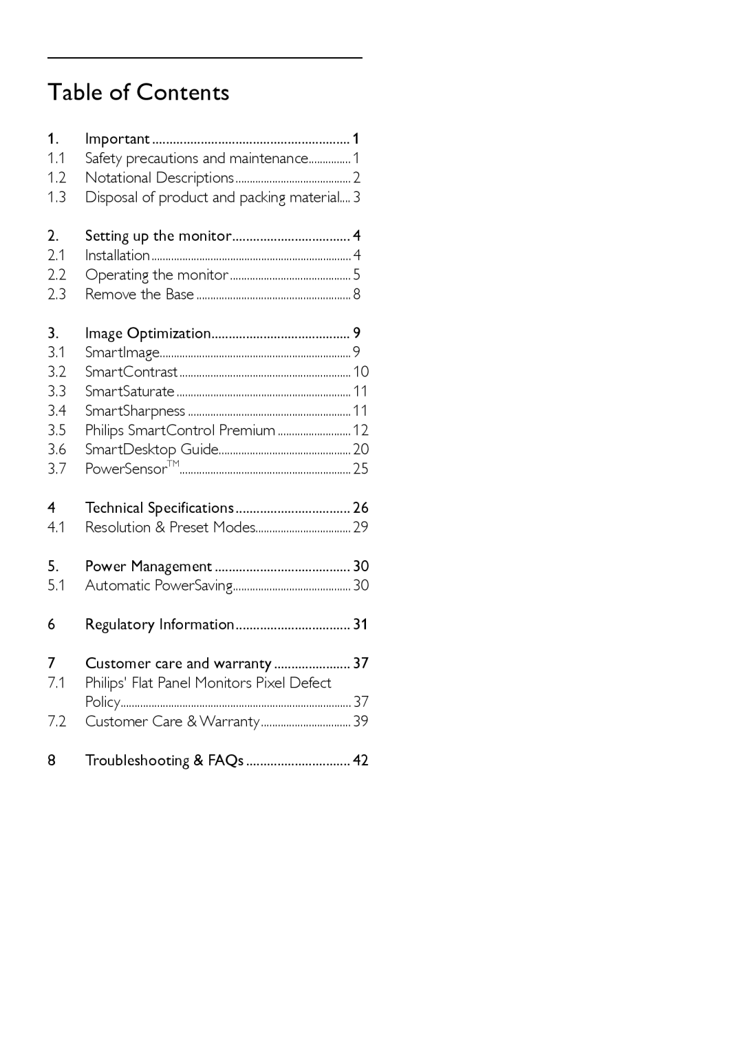 Philips 235PQ2 user manual Table of Contents 