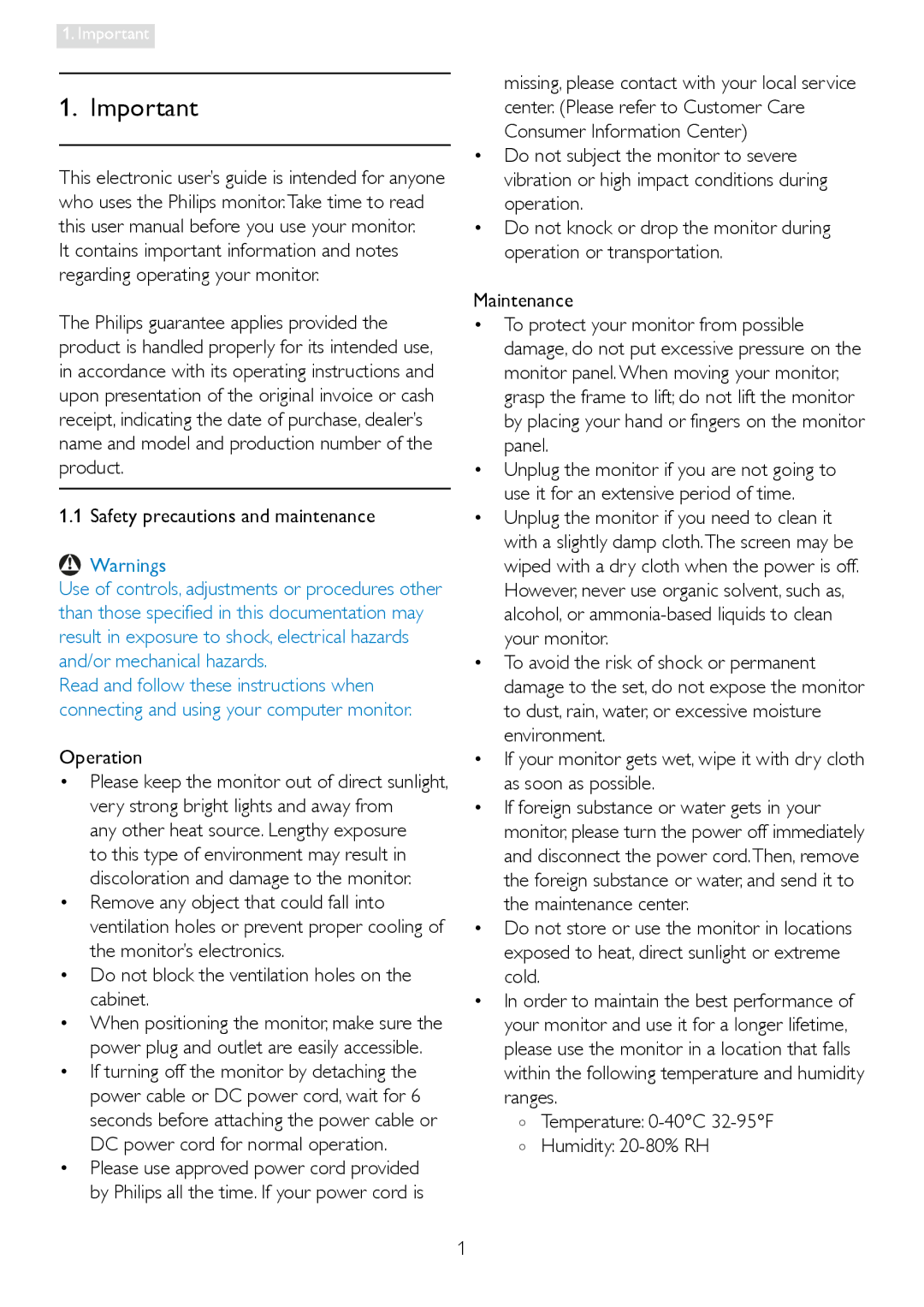 Philips 235PQ2 user manual Safety precautions and maintenance, Operation, Temperature 0-40C 32-95F Humidity 20-80% RH 