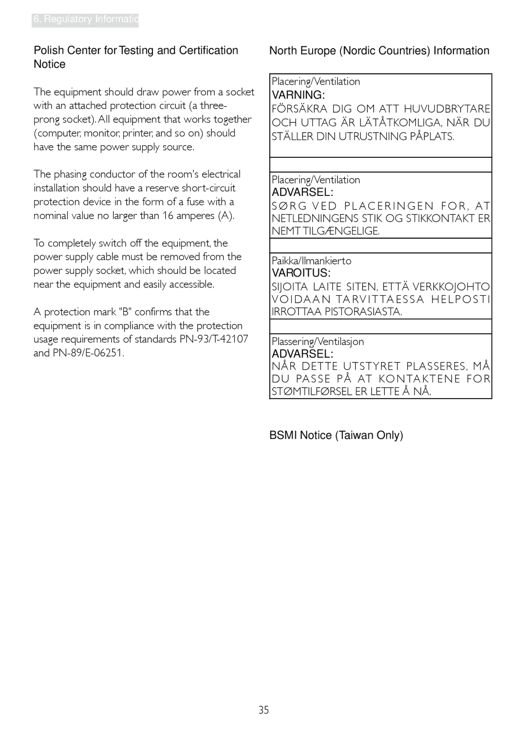 Philips 235PQ2 Polish Center for Testing and Certification Notice, Paikka/Ilmankierto, Varoitus, Plassering/Ventilasjon 