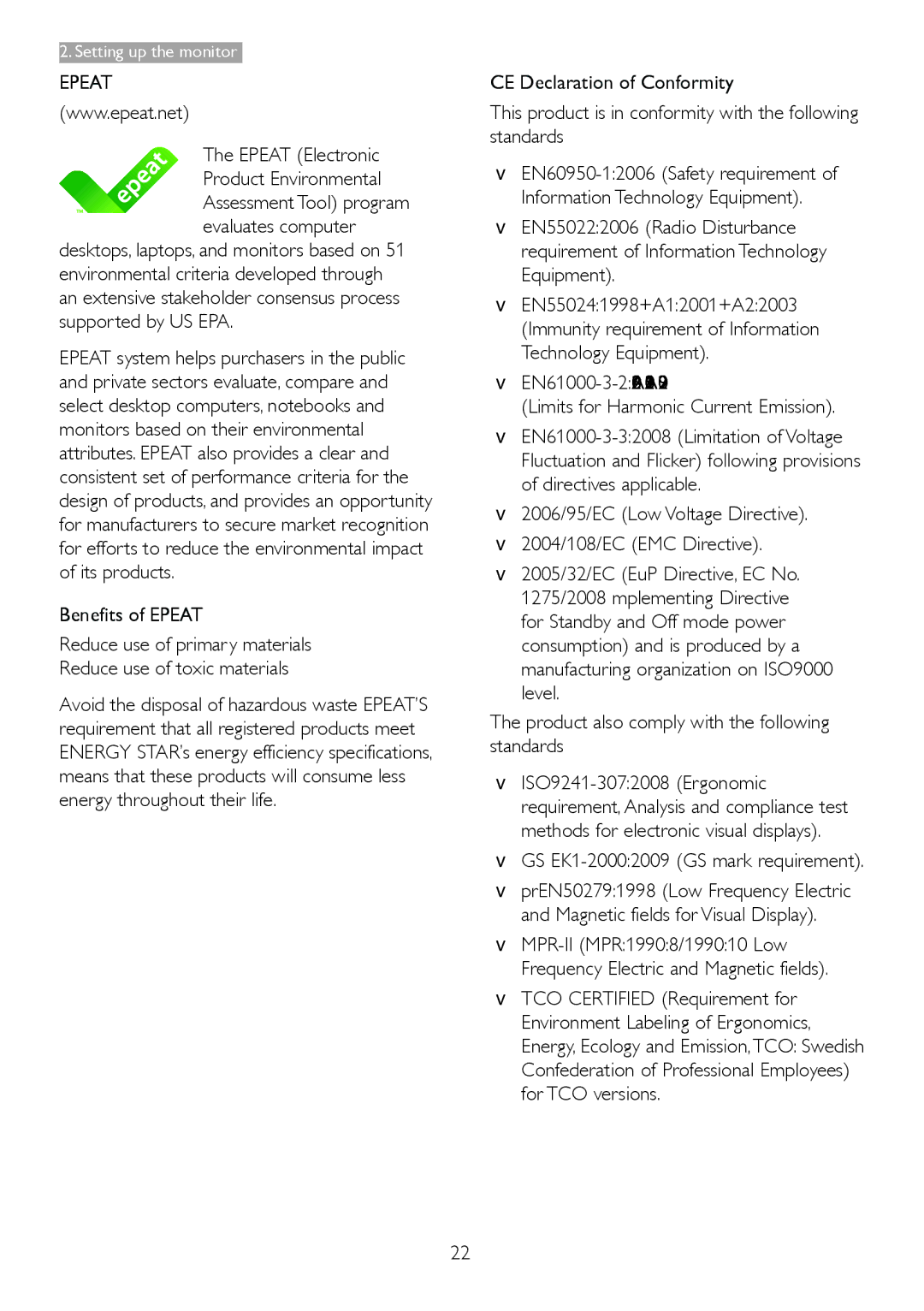 Philips 236V3L user manual Epeat Electronic Product Environmental, GS EK1-20002009 GS mark requirement 