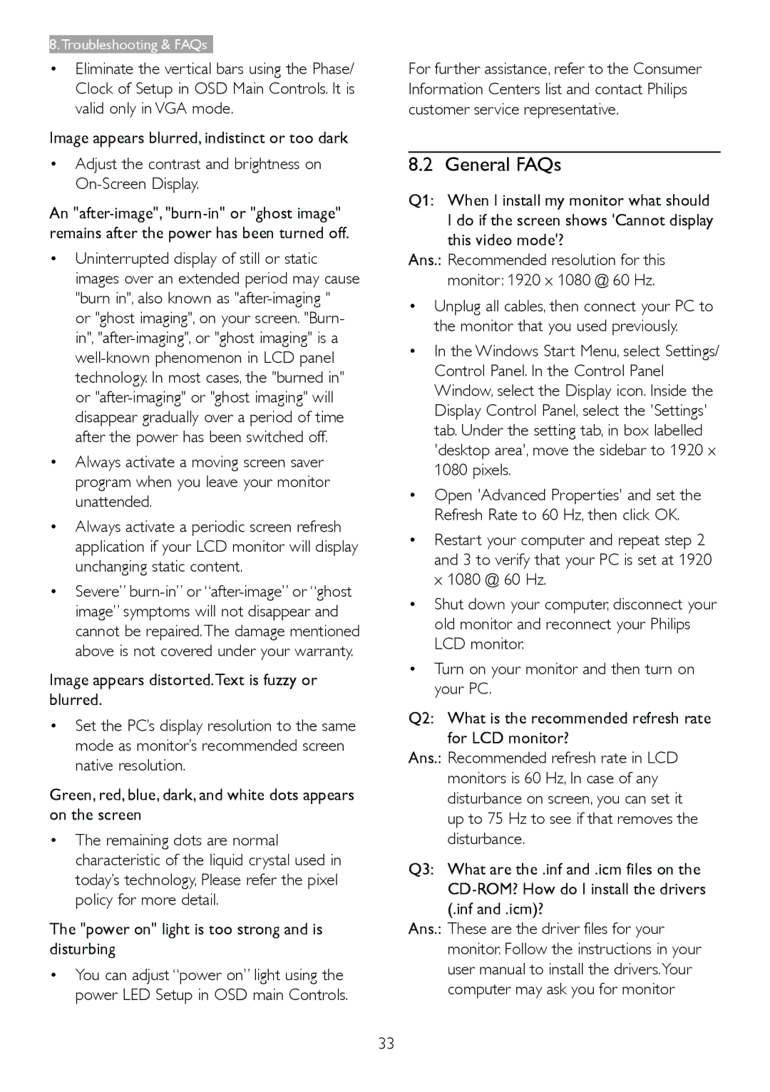 Philips 236V3L user manual General FAQs, Image appears distorted.Text is fuzzy or blurred 