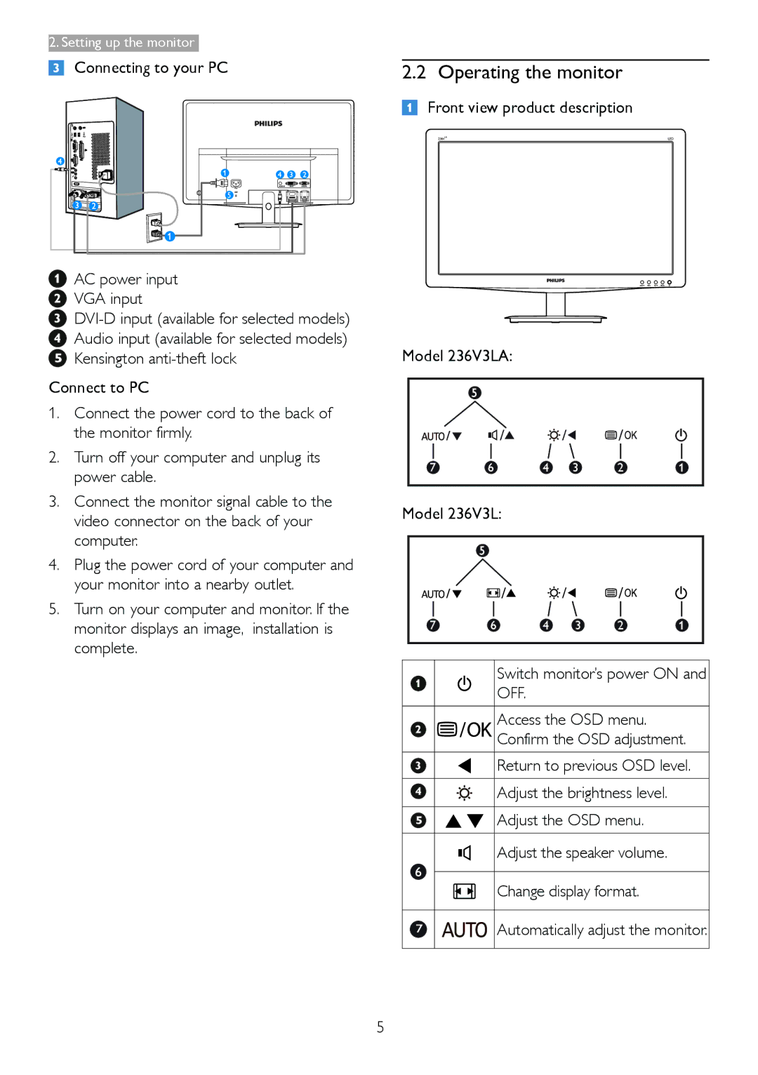 Philips 236V3L user manual Operating the monitor, Off 