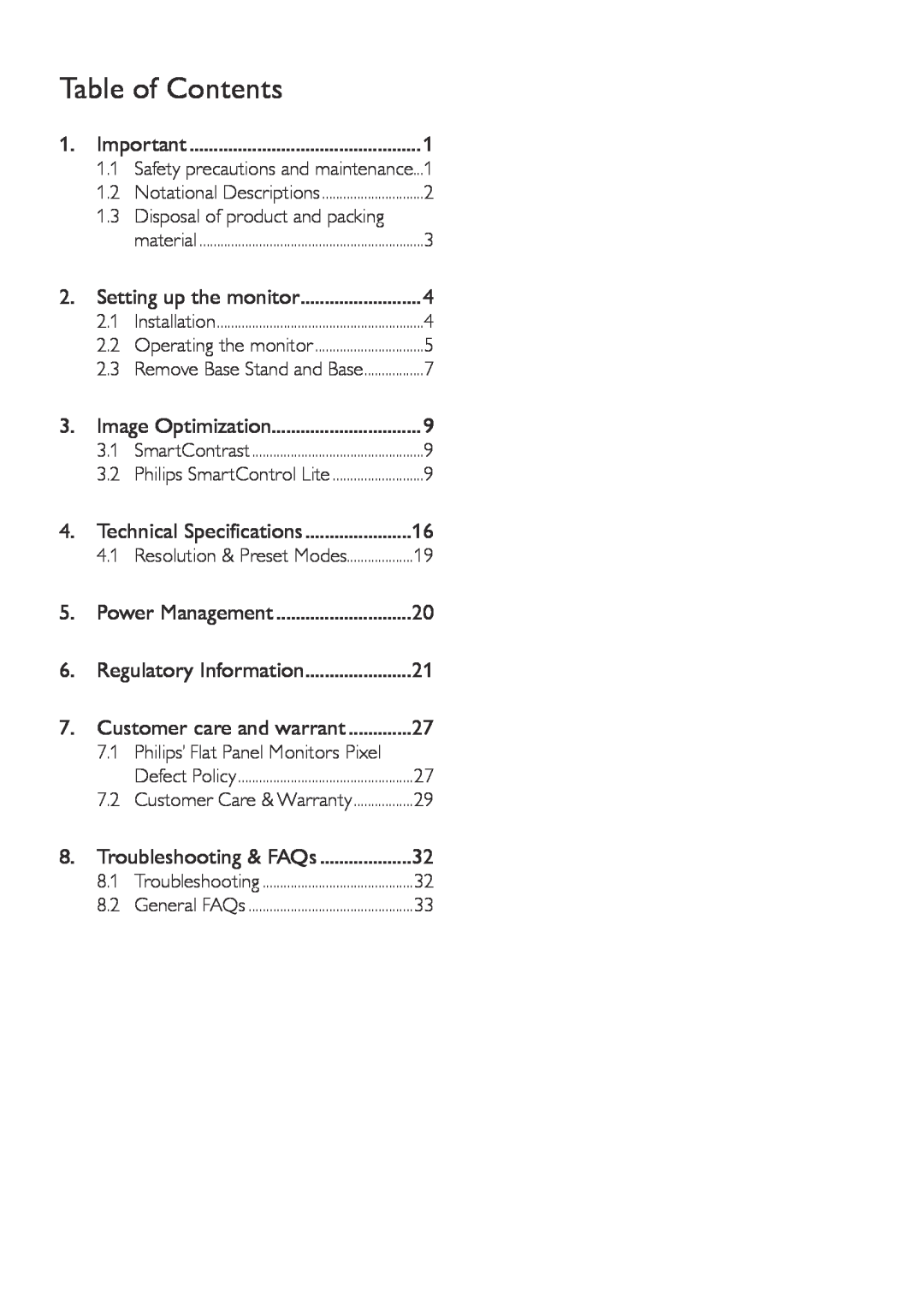 Philips 236V4 user manual Table of Contents 