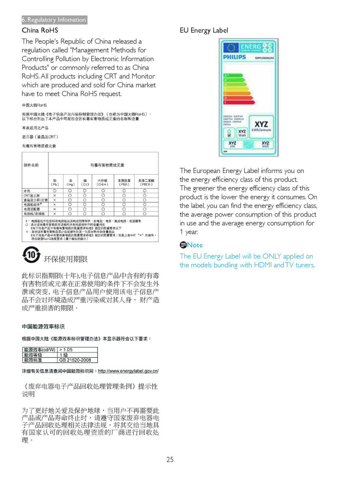 Philips 236V4 user manual China RoHS, 环保使用期限, EU Energy Label, Regulatory Infomation 