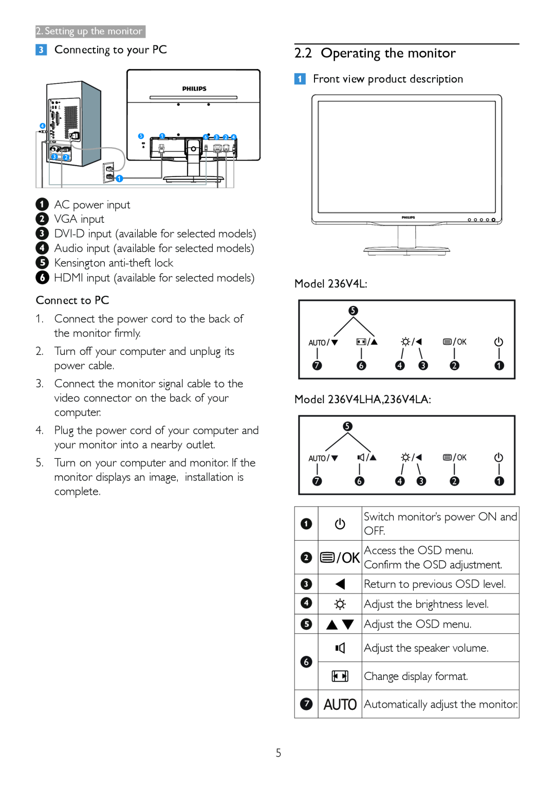 Philips 236V4 user manual Operating the monitor 