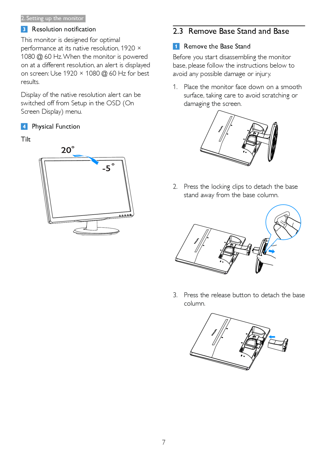 Philips 236V4 user manual Remove Base Stand and Base 