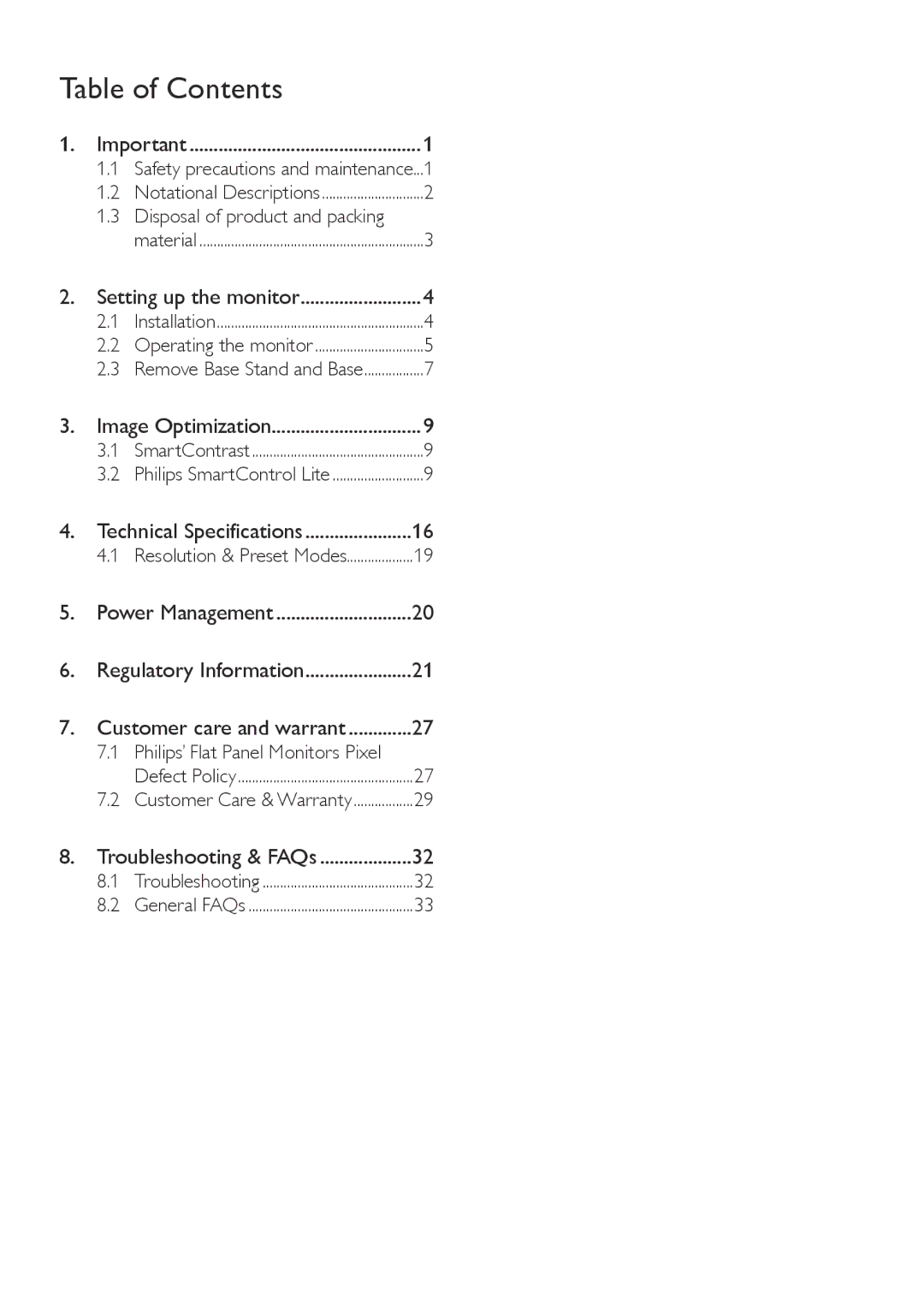 Philips 236V4 user manual Table of Contents 