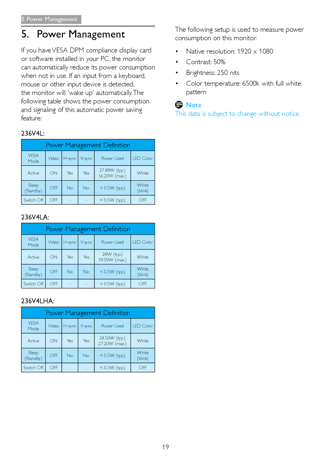 Philips 236V4 user manual Power Management, Vesa 