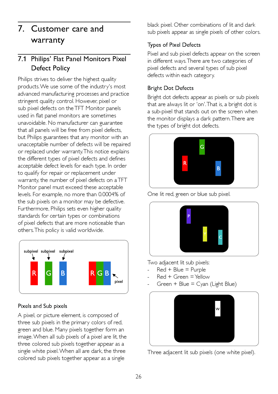 Philips 236V4 Customer care and warranty, Philips’ Flat Panel Monitors Pixel Defect Policy, Pixels and Sub pixels 