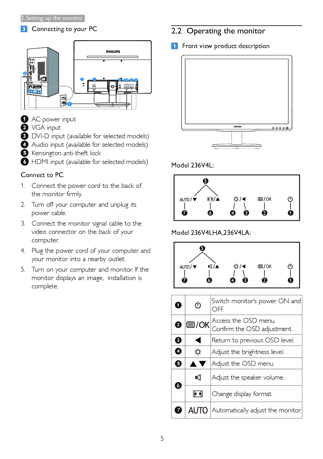 Philips 236V4 user manual Operating the monitor, Off 