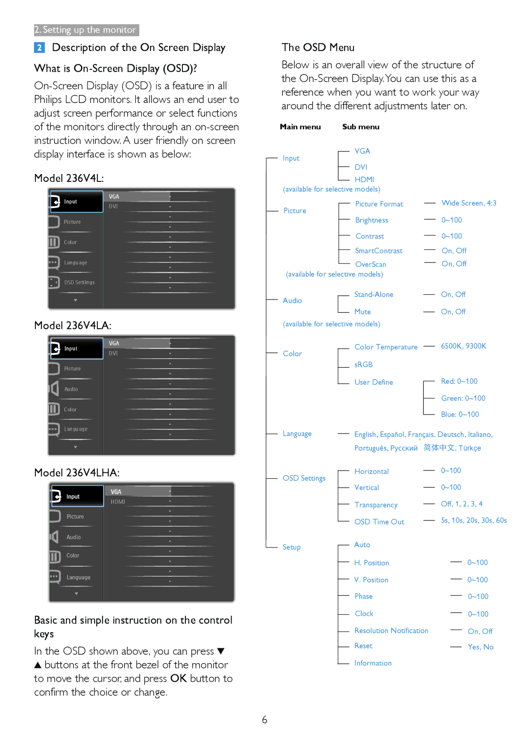 Philips user manual OSD Menu, Display interface is shown as below Model 236V4L, Model 236V4LA, Model 236V4LHA 