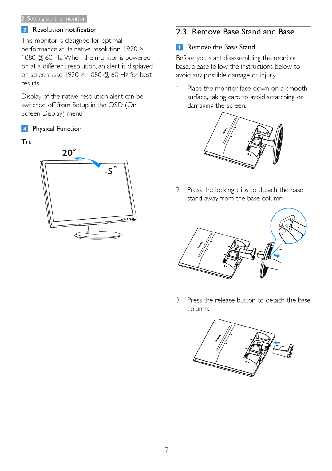 Philips 236V4 Remove Base Stand and Base, Remove the Base Stand, Press the release button to detach the base column 