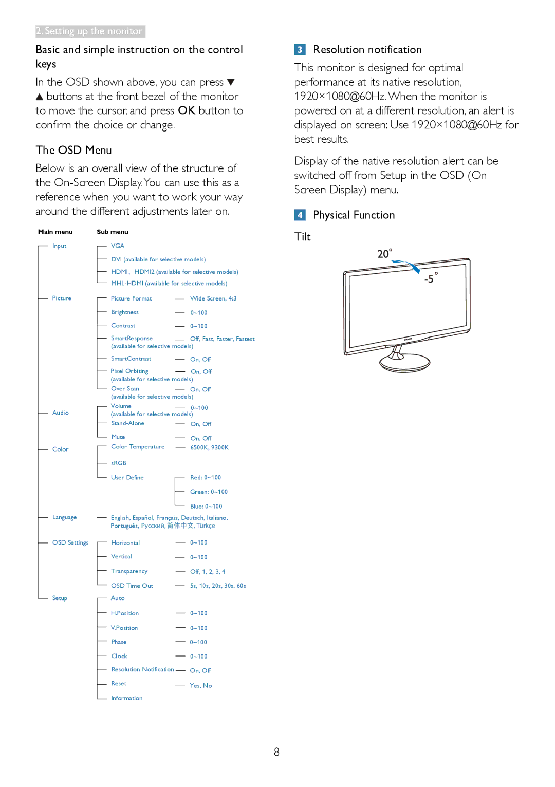 Philips 2.37E+06 user manual Basic and simple instruction on the control keys, OSD Menu 