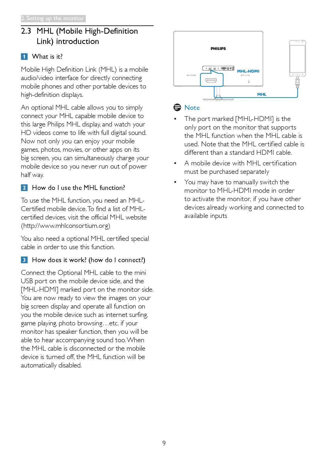 Philips 2.37E+06 user manual MHL Mobile High-Definition Link introduction, What is it?, How do I use the MHL function? 