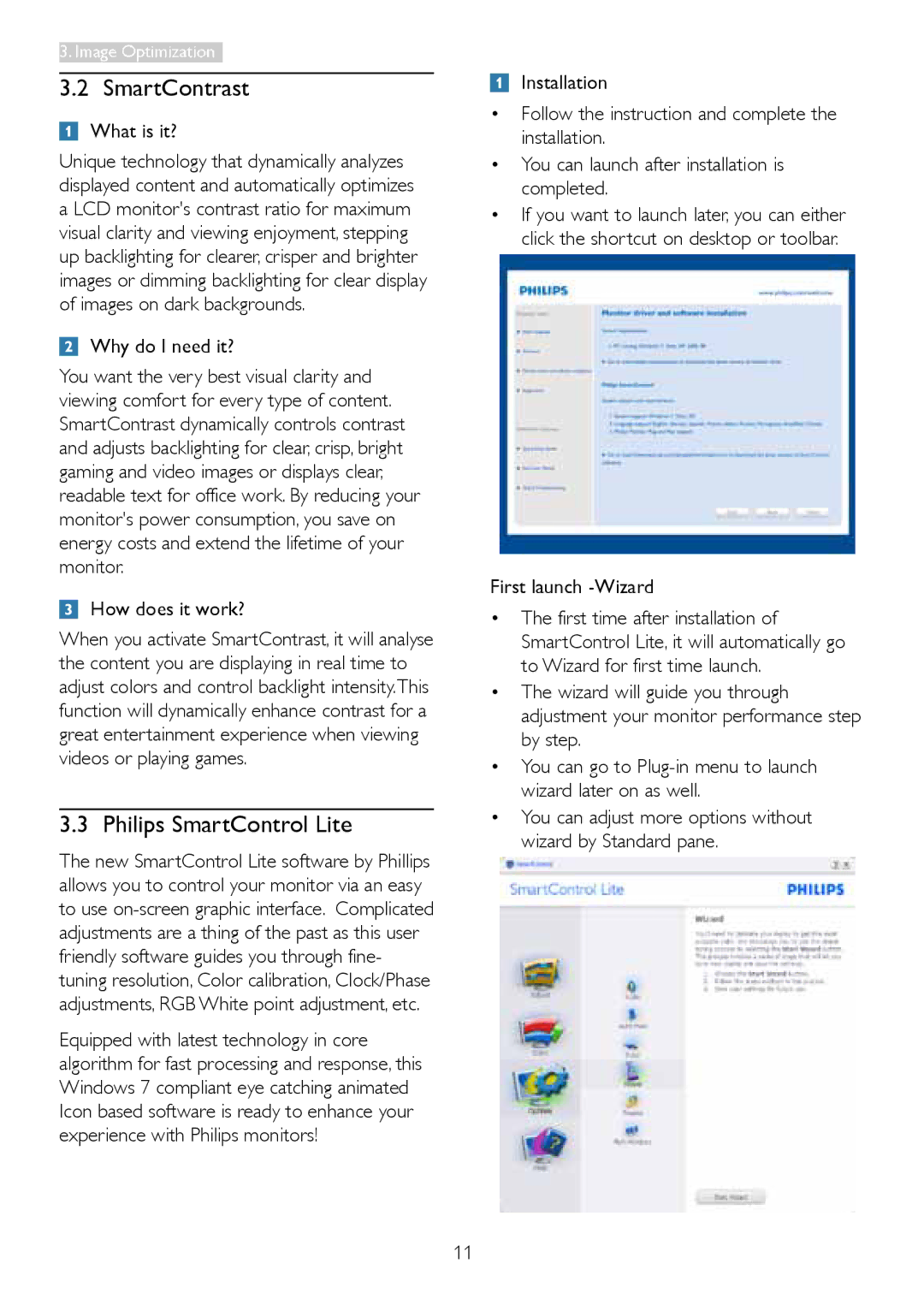 Philips 2.37E+06 user manual SmartContrast, Philips SmartControl Lite, First launch -Wizard 