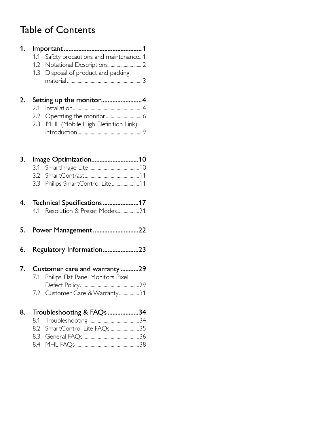 Philips 2.37E+06 user manual Table of Contents 