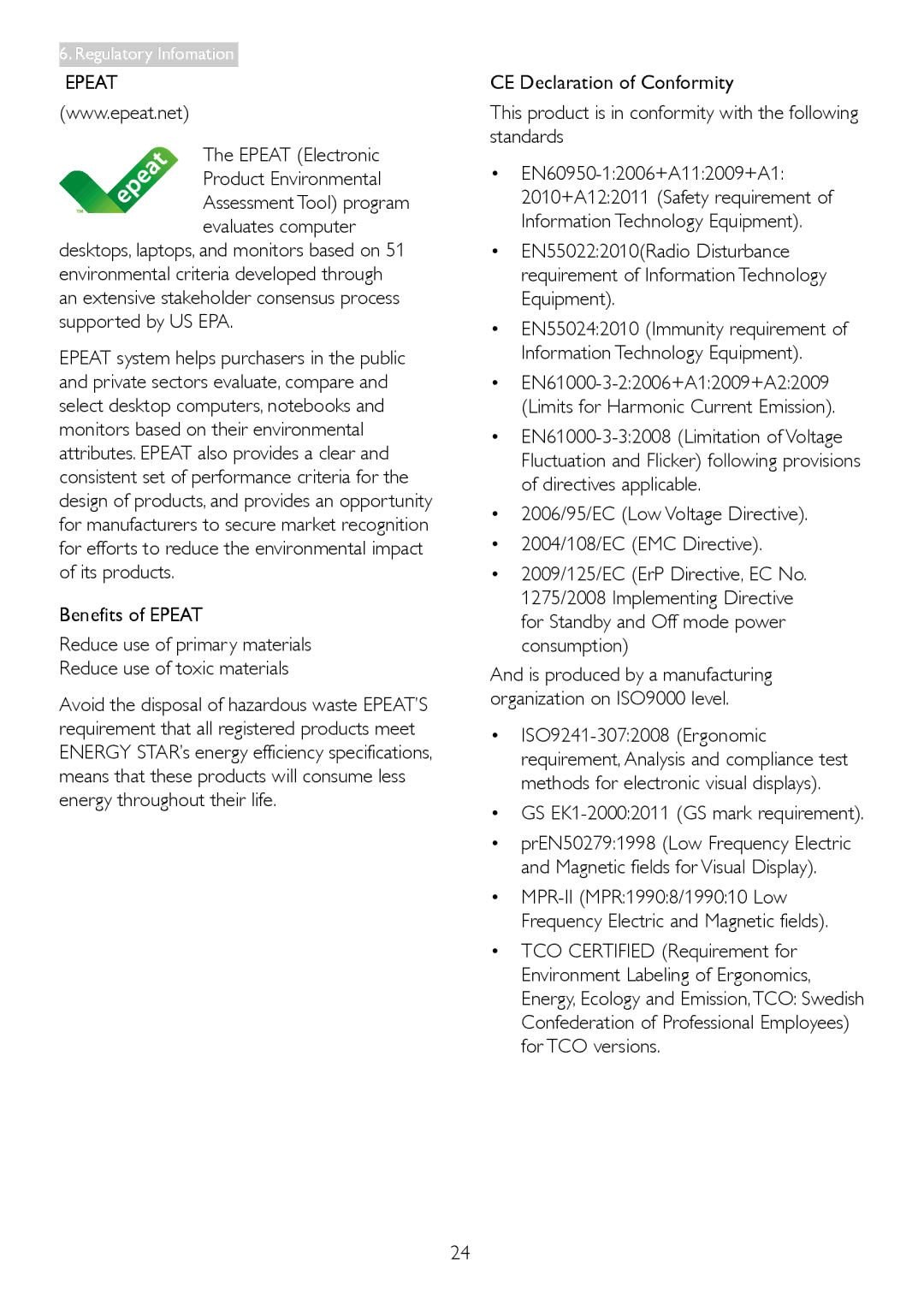 Philips 2.37E+06 user manual Epeat Electronic Product Environmental, GS EK1-20002011 GS mark requirement 