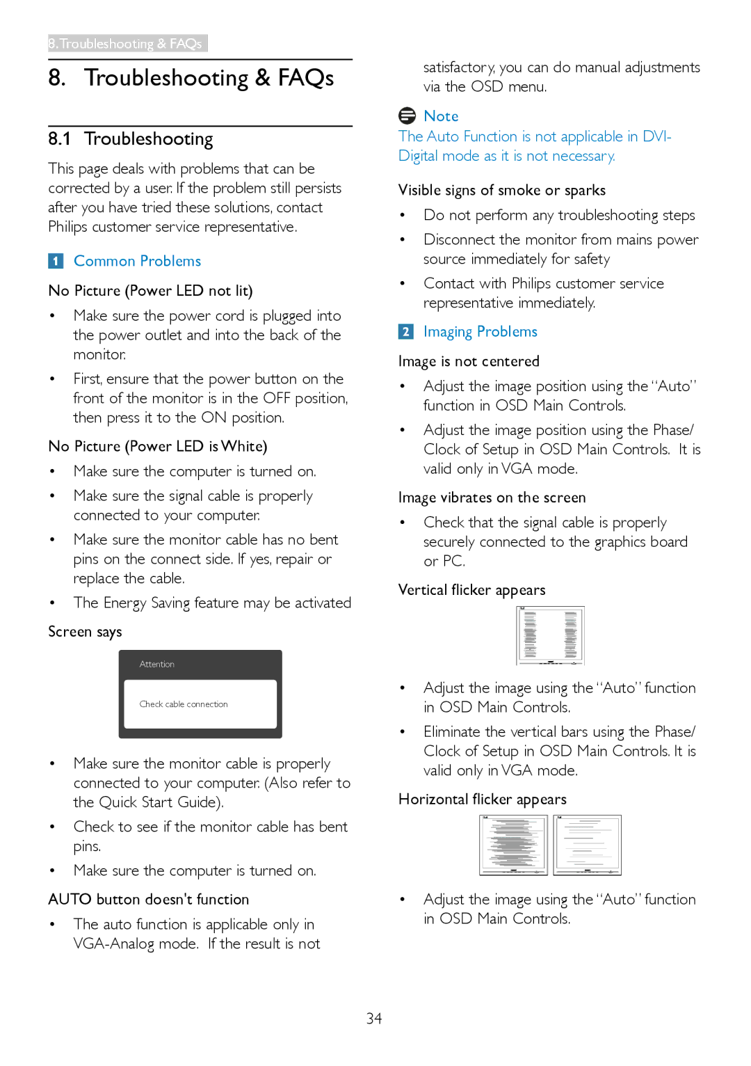 Philips 2.37E+06 user manual Troubleshooting, Satisfactory, you can do manual adjustments via the OSD menu 