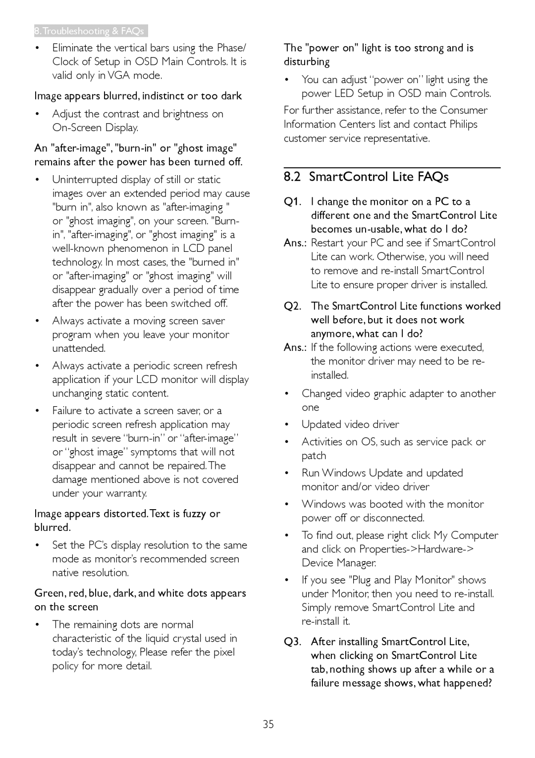 Philips 2.37E+06 user manual SmartControl Lite FAQs, Image appears distorted.Text is fuzzy or blurred 