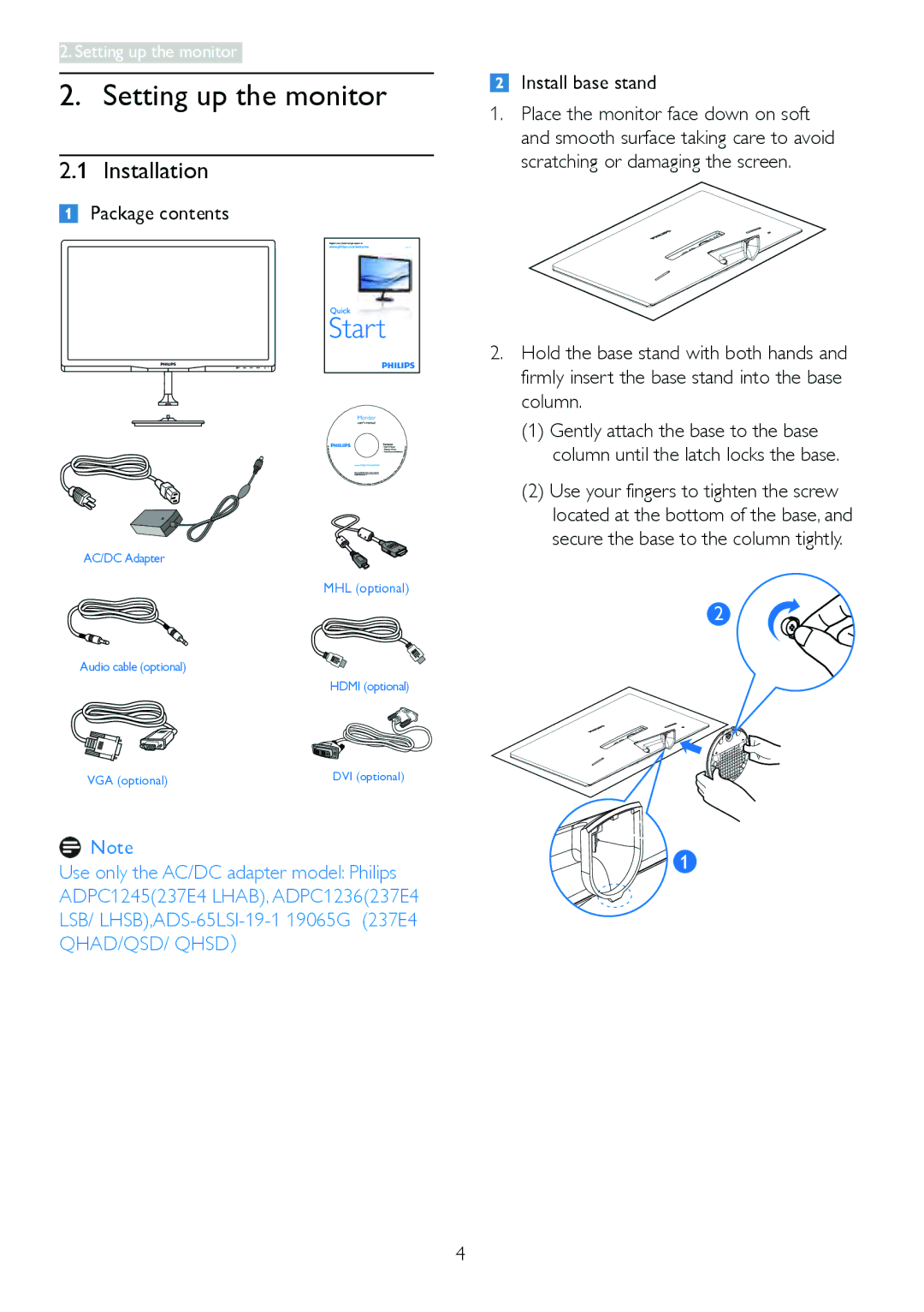 Philips 2.37E+06 user manual Setting up the monitor, Installation, Package contents, Install base stand 