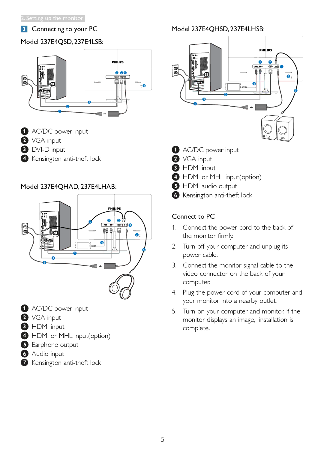 Philips 2.37E+06 user manual Setting up the monitor 