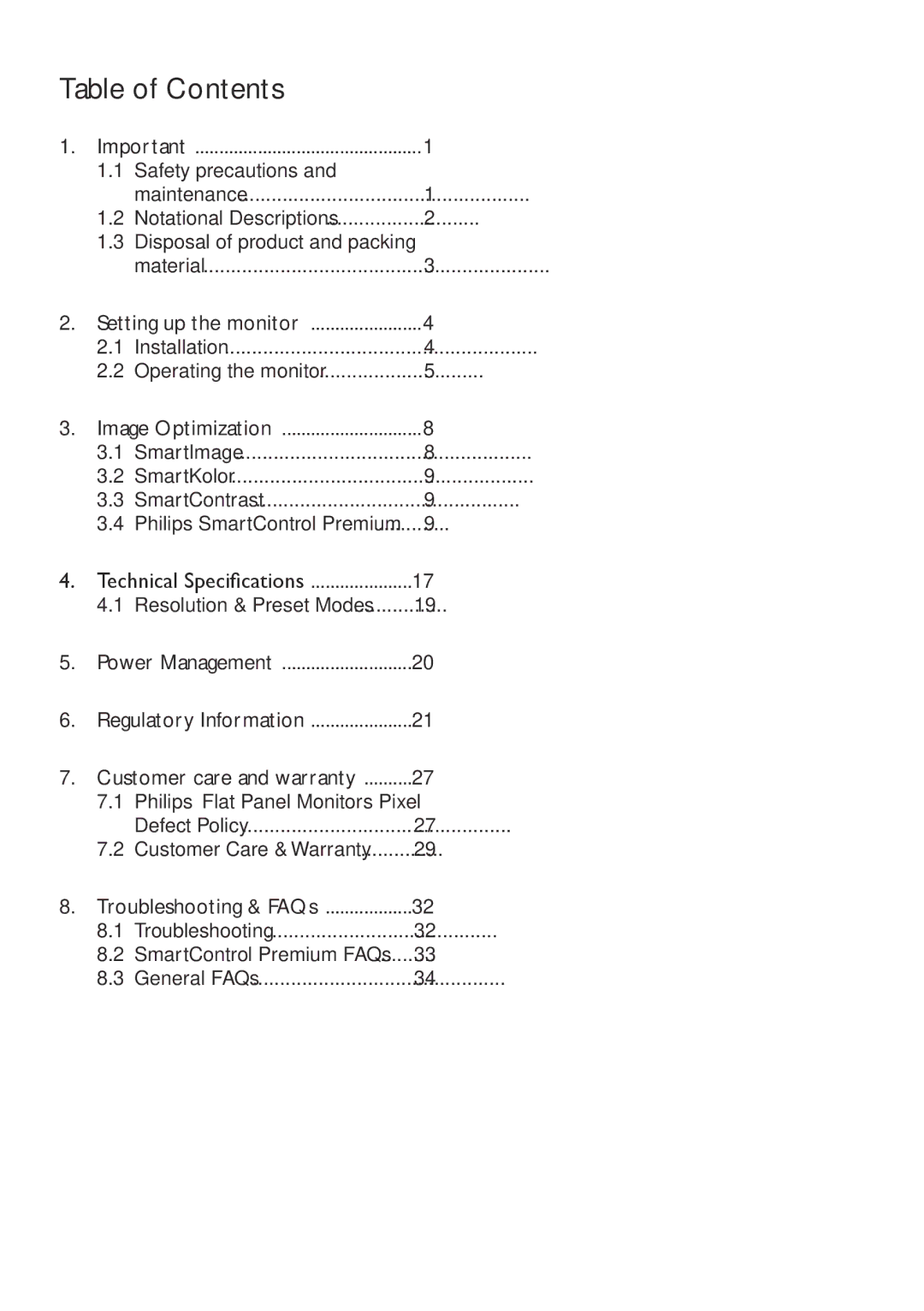 Philips 238C4 user manual Table of Contents 