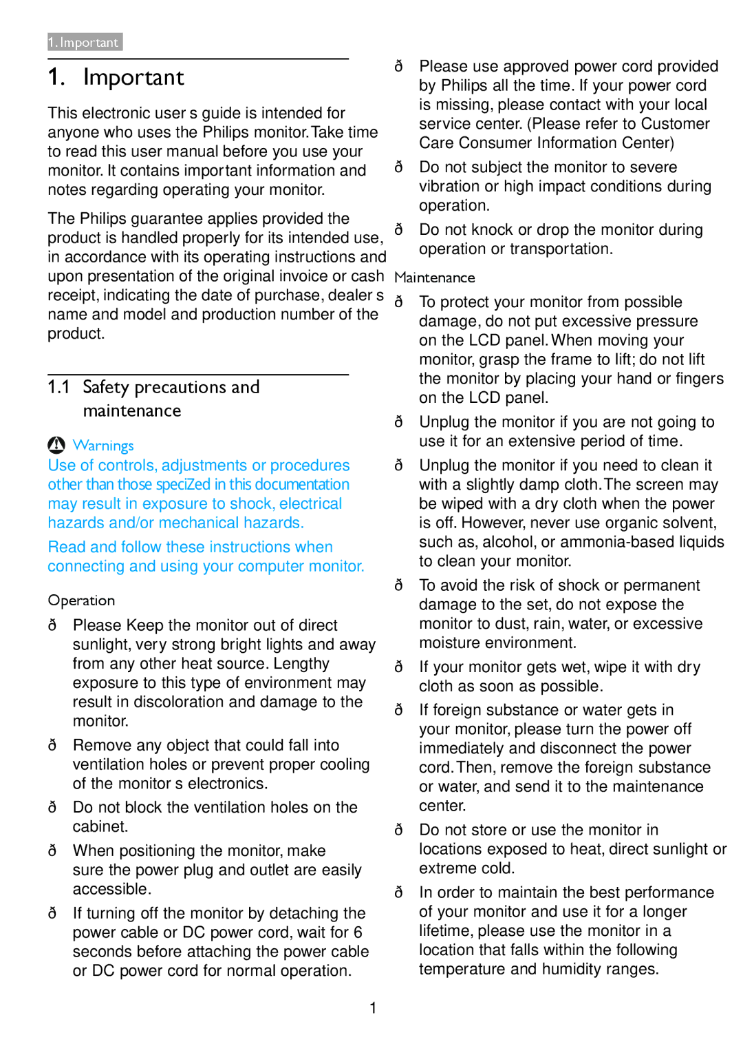 Philips 238C4 user manual Safety precautions and maintenance, Operation 