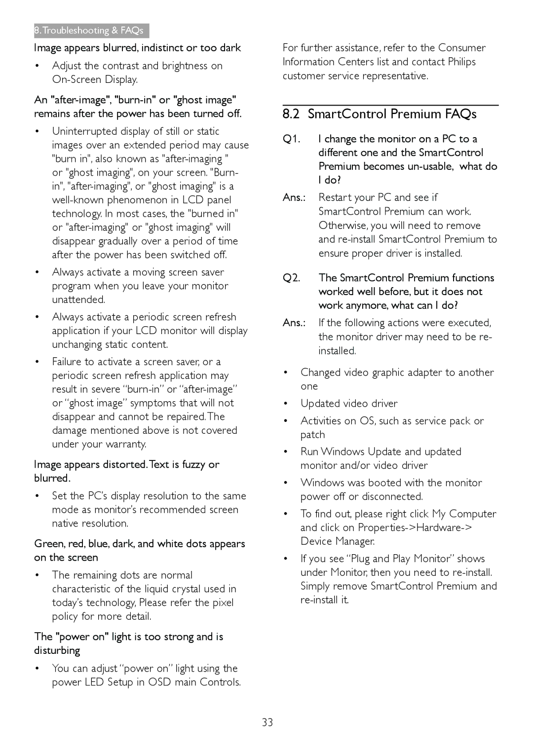 Philips 238C4 user manual SmartControl Premium FAQs, Image appears blurred, indistinct or too dark 