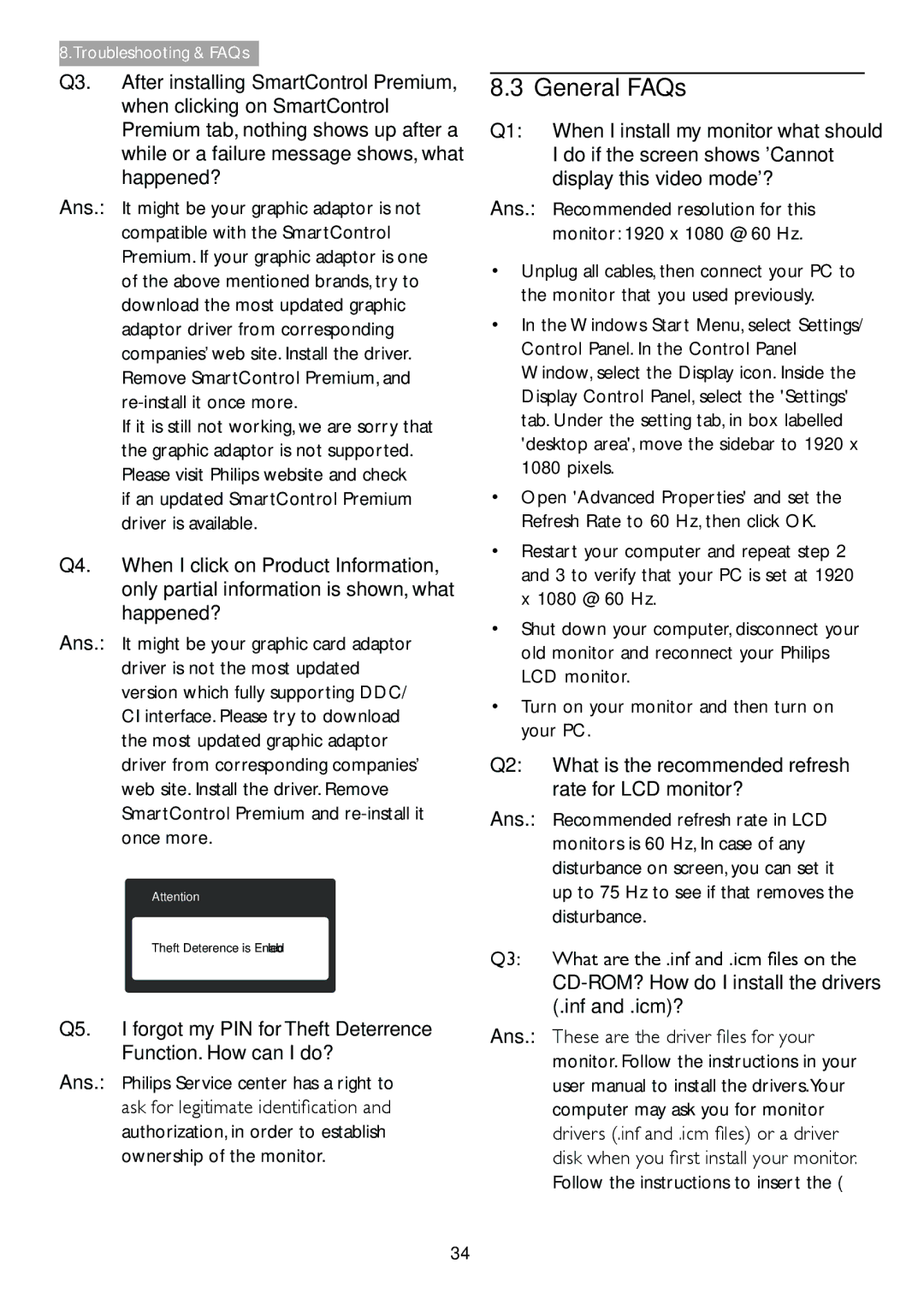 Philips 238C4 General FAQs, Do if the screen shows Cannot, Display this video mode?, Recommended resolution for this 