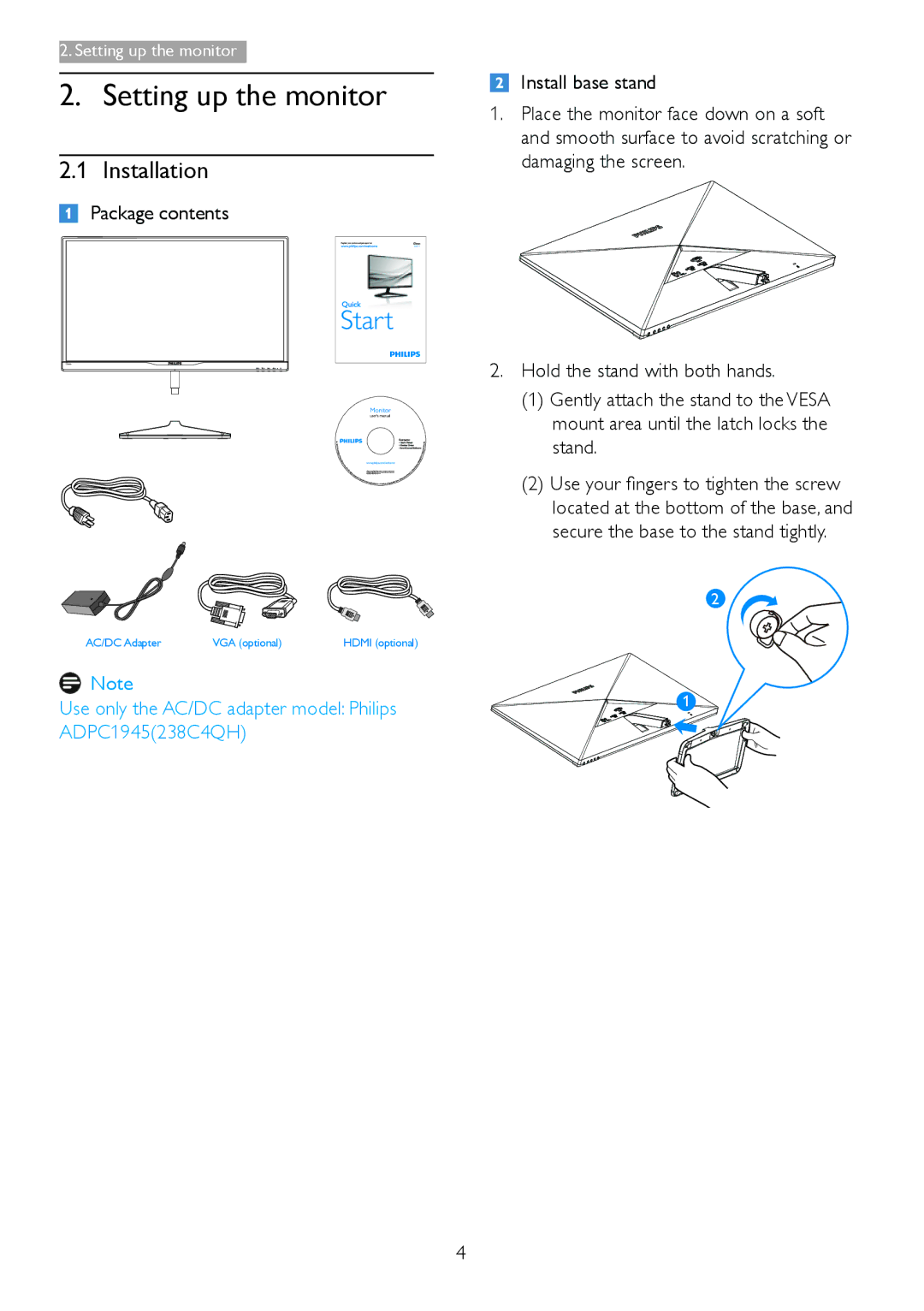 Philips 238C4 user manual Setting up the monitor, Installation, Package contents 