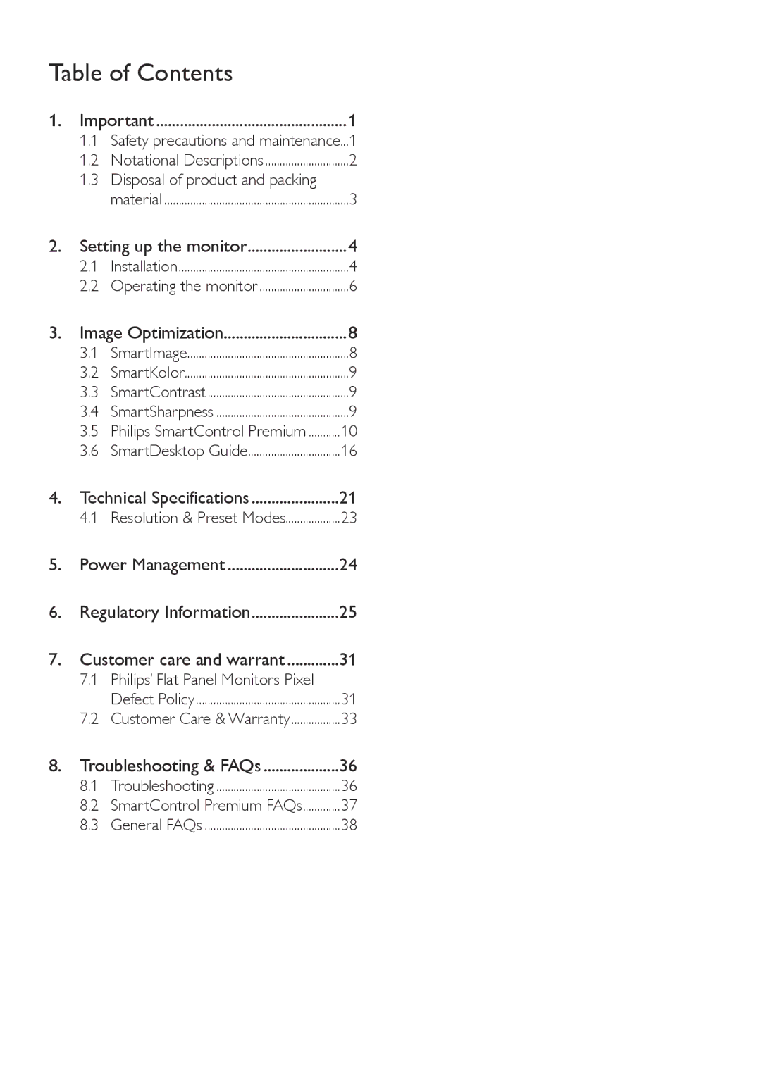 Philips 239C4Q warranty Table of Contents 