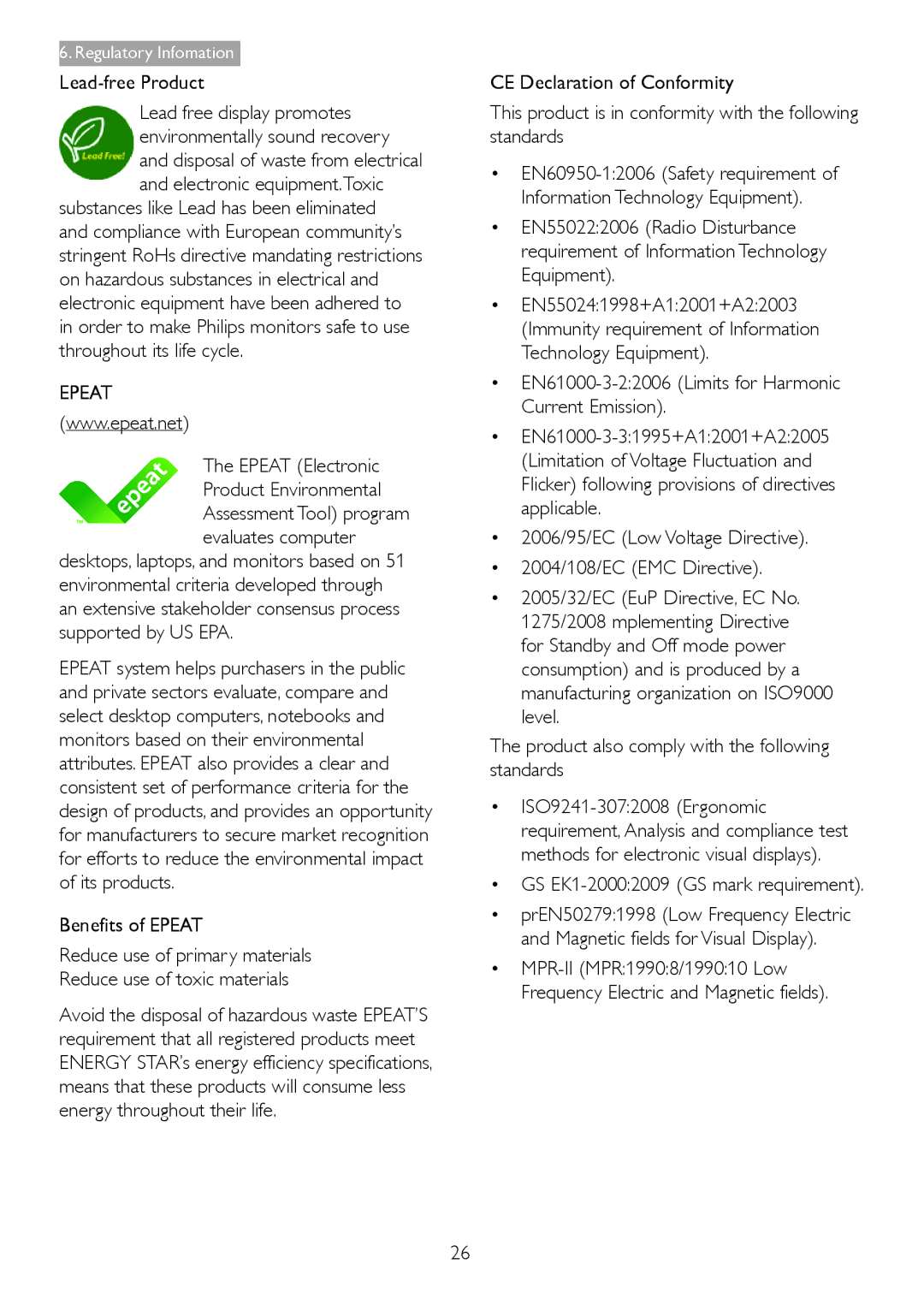 Philips 239C4Q warranty Lead-free Product, Epeat Electronic Product Environmental, GS EK1-20002009 GS mark requirement 