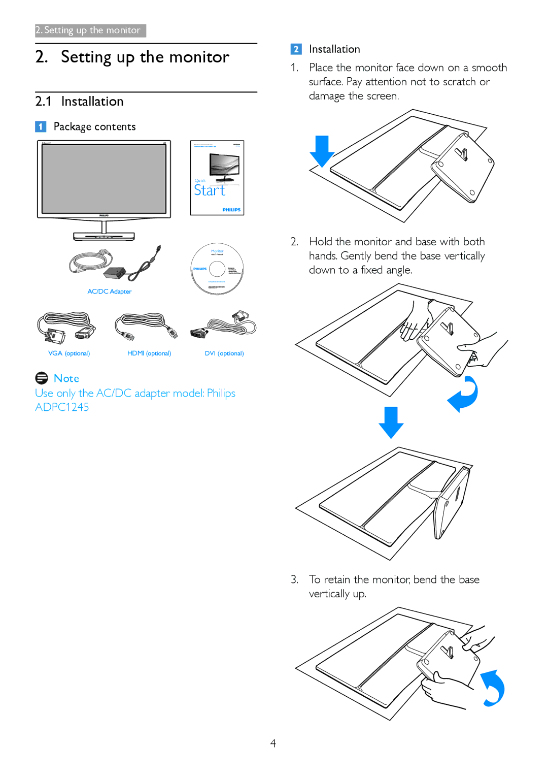 Philips 239C4Q warranty Setting up the monitor, Installation, Package contents 