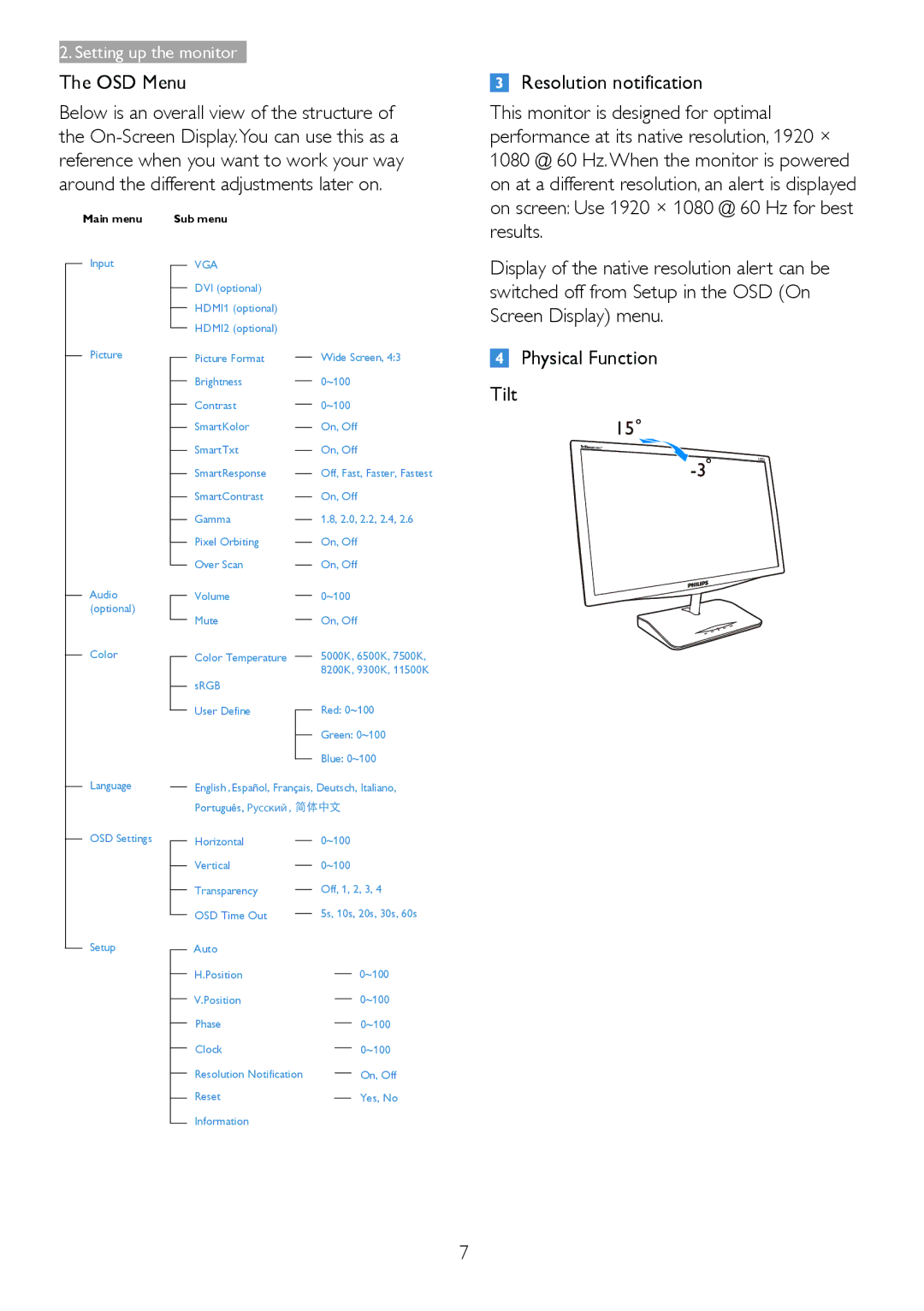 Philips 239C4Q warranty OSD Menu, Vga 